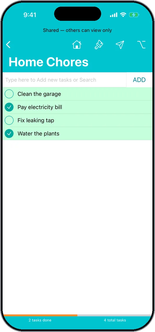Shared to-do list screen. Shared through iCloud, view only for others.