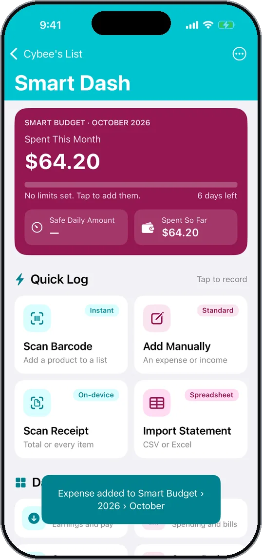Smart Dash screen. This month's spending, and quick ways to record more.
